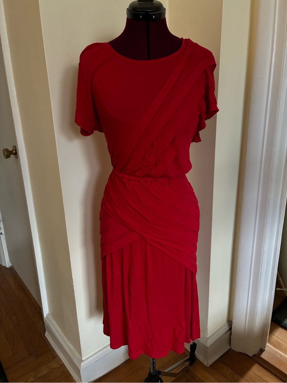 Plenty by Tracy Reese Poppy Red Jersey Draped Pleated Knee Length Dress
